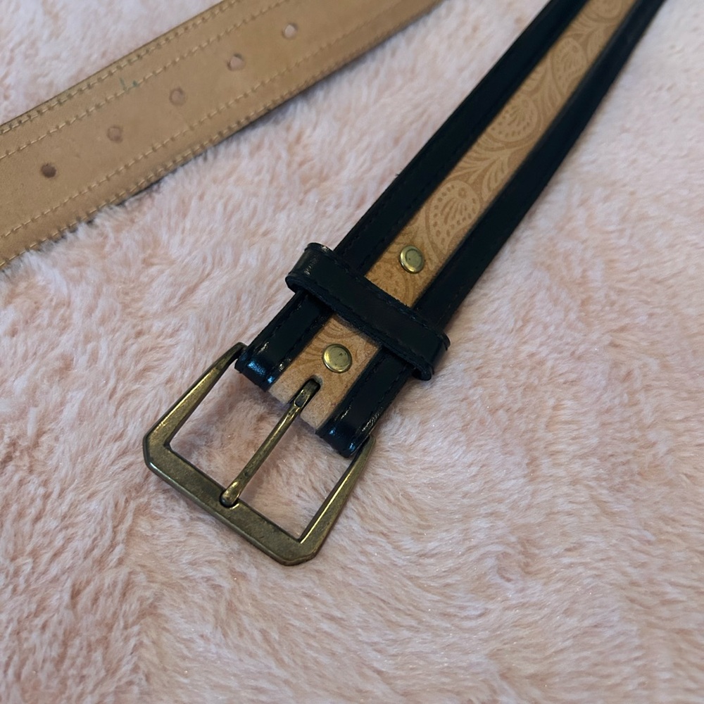 Vintage Paris Black Tan Embossed Leather Belt Western-Inspired Slim Design Brass